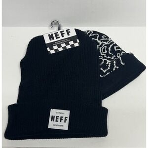 MENS NEFF Black White Smiley Face BEANIE 2-PACK SET HAT ONE SIZE NEW Winter Cap